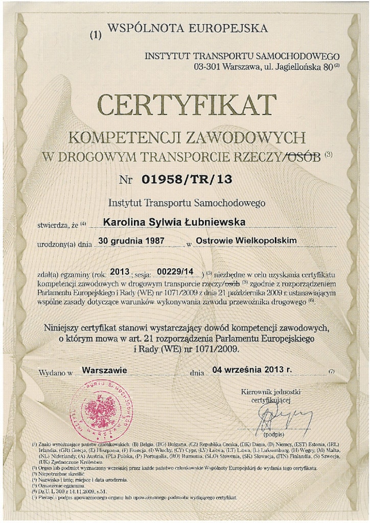 Certyfikaty i licencje 2 Certyfikat Karolina Lubniewska