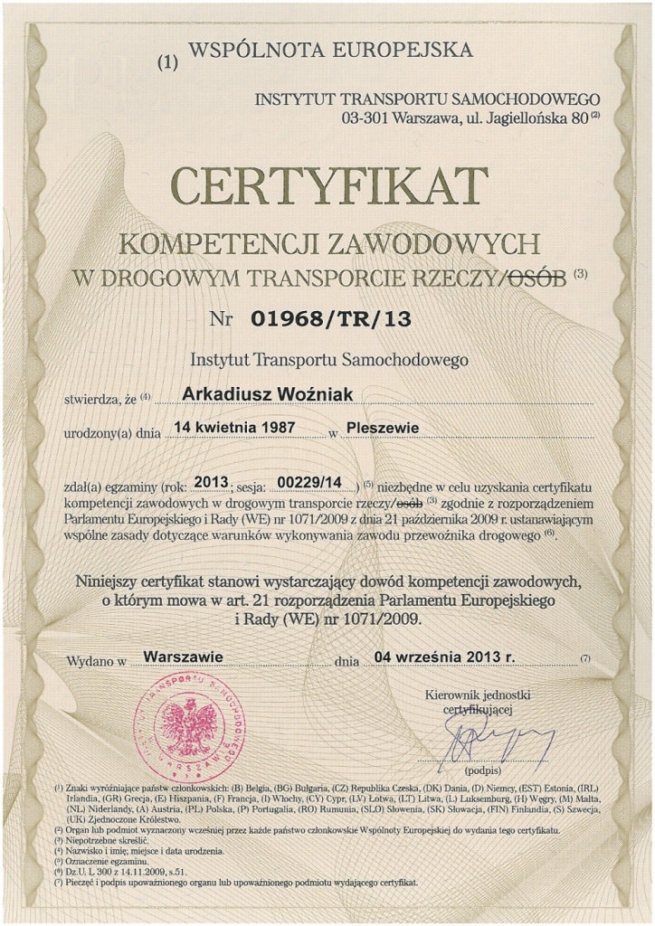 Certyfikaty i licencje 1 Certyfikat transport rzeczy