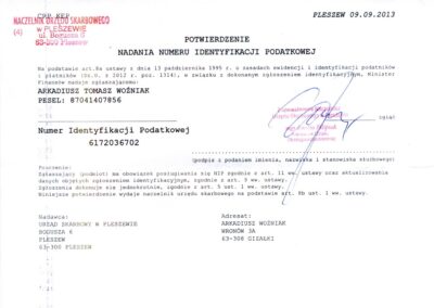 Certyfikaty i licencje 6 Potwierdzenie nadania NIP Woz-Trans