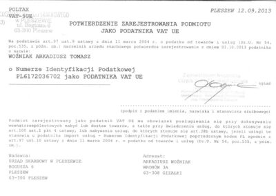 Certyfikaty i licencje 7 Potwierdzenie zarejestrowania Woz-Trans jako podatnika VAT UE